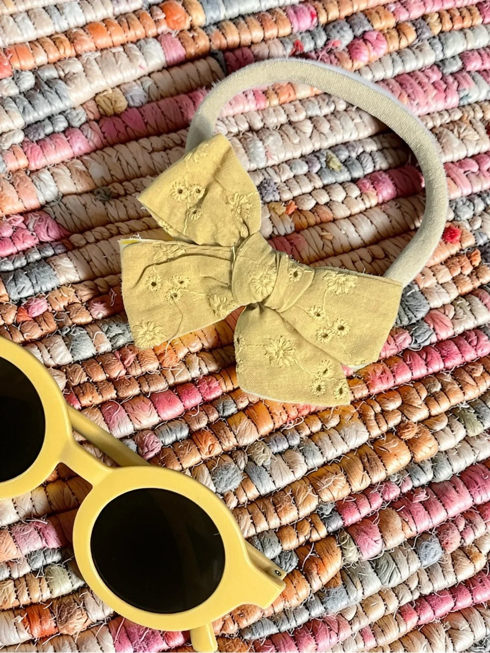 Toddler Mustard Yellow Embroidered Bow Headband & Round Retro Sunglasses Set